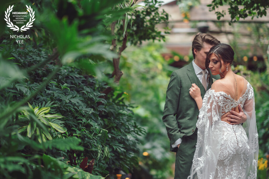 Bride in an elegant lace gown and groom in a green suit sharing an intimate moment surrounded by lush greenery, part of the WedAward Collection #90.